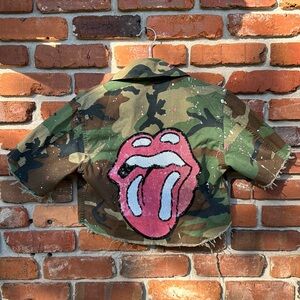 Sequins Rolling Stones Splatter Paint Army Indie Upcycle Cropped Jacket XS-Med